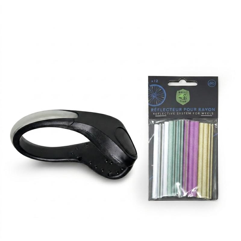 Lot de 2 – Réflecteurs arc‑en‑ciel pour rayons de vélo + Pince lumineuse